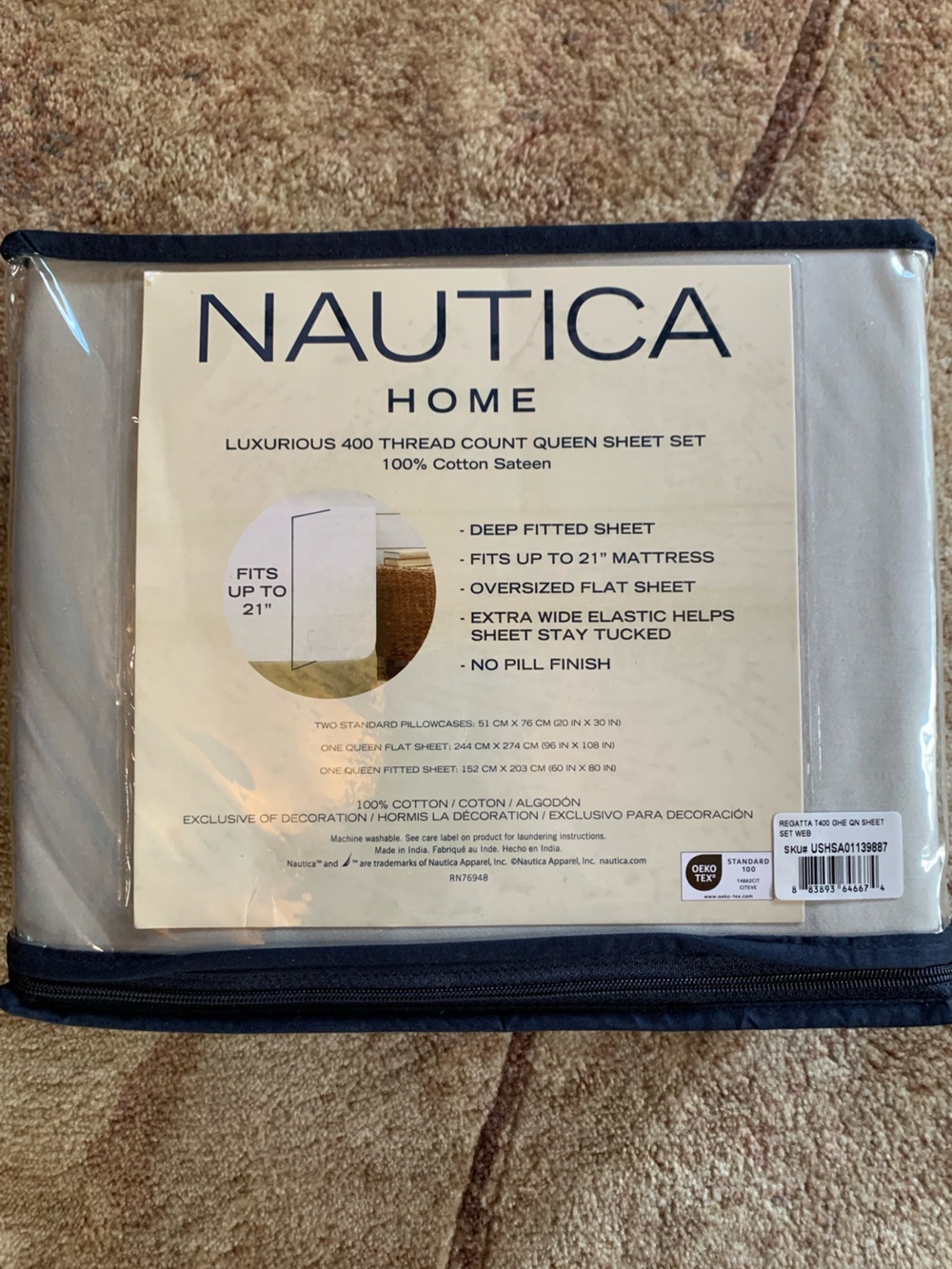 Nautica Regatta Sateen 100% Cotton Luxury Sheet Set, QUEEN, light gray/silver